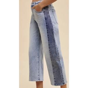 NEW ANNIEWEAR two tone side panel stretch barrel leg crop jean in blue denim